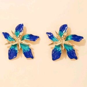 💖 2/$30 Womens Blue teal Boho big Flower gold plated Floral Stud Earrings new